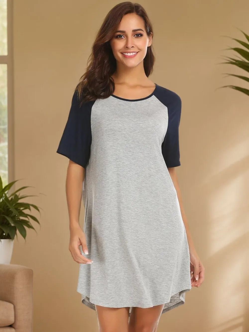 Round Neck Short Sleeve Contrast Lounge Dress Light Gray - Fashorio
