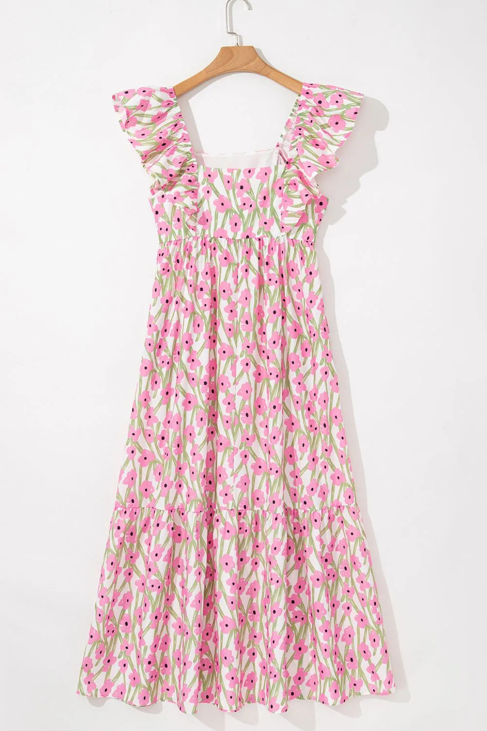Blush pink floral square neck cap sleeve maxi dress, skirt and hem detail