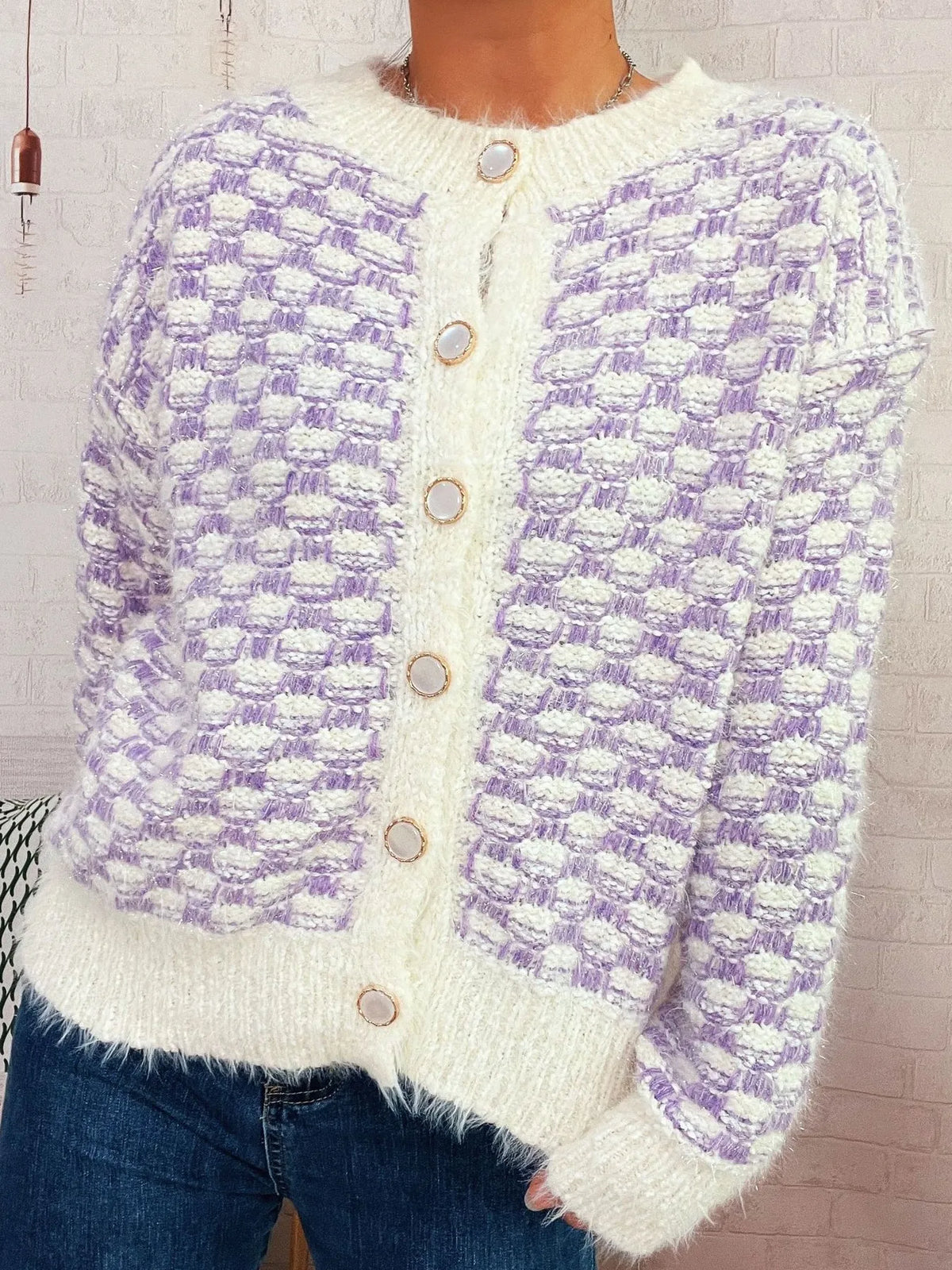 Fluffy textured button up cardigan side view