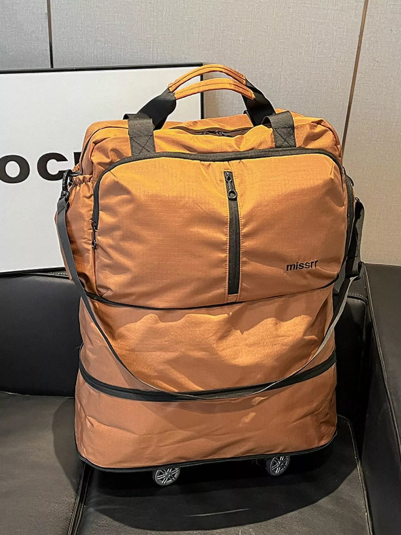 Brown rolling nylon travel duffel front view