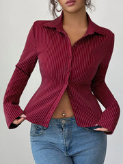 Striped Button-Up Fitted Shirt Burgundy - Fashorio