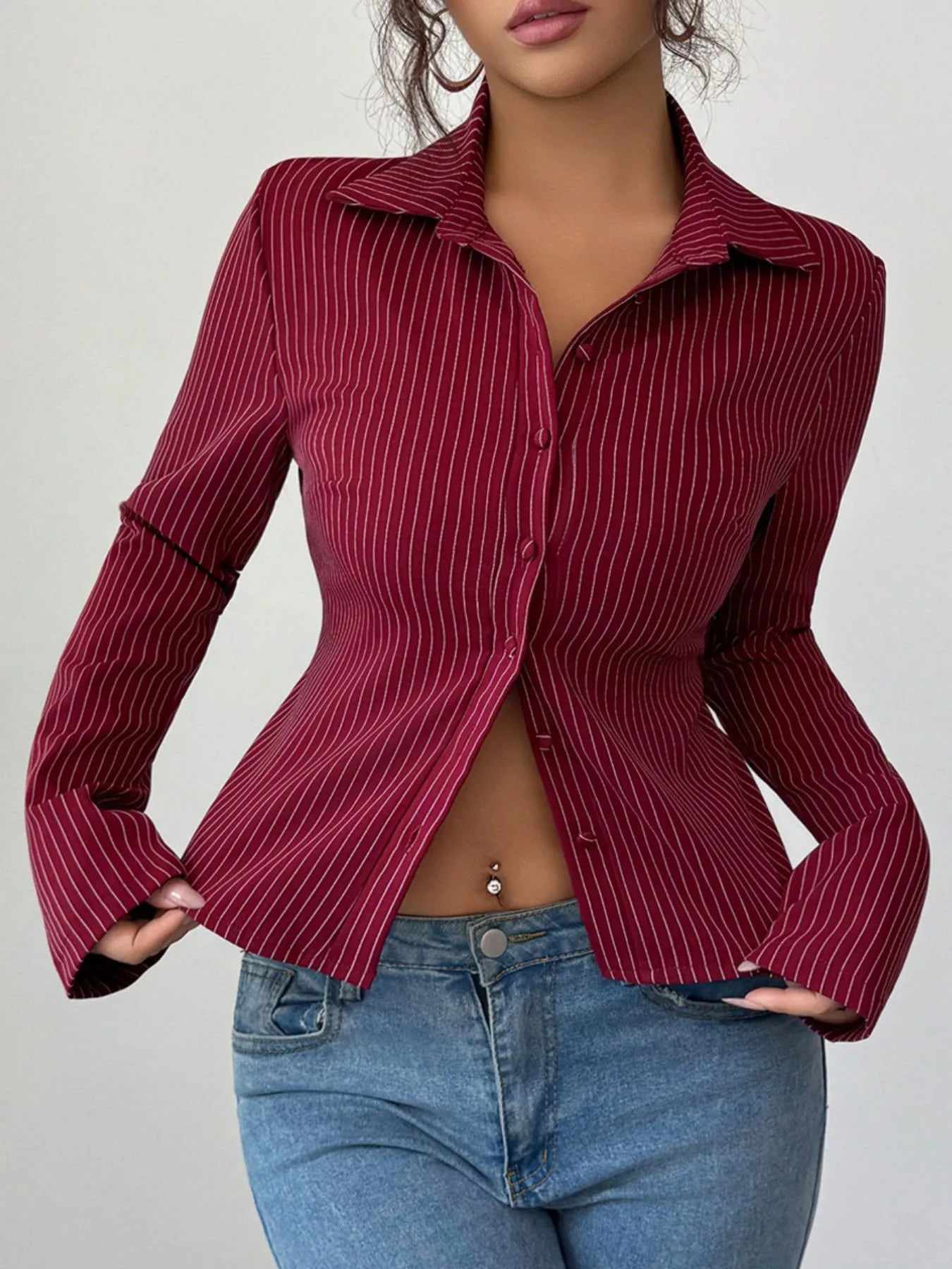 Striped Button-Up Fitted Shirt Burgundy - Fashorio