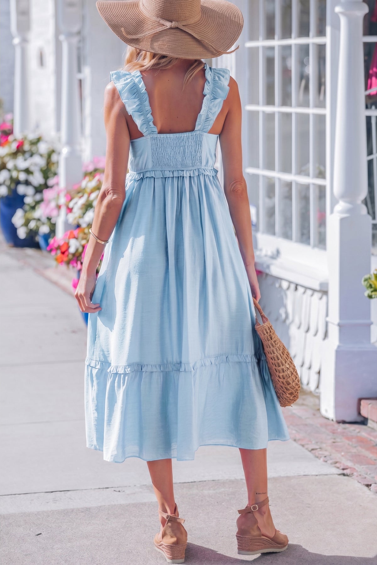 Blue maxi dress ruffle wide strap detail