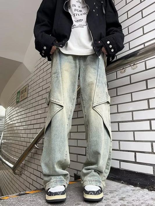 Men's Full Size Washed Wide Leg Baggy Cargo Jeans Plus Size Yellow Mud Color - Fashorio