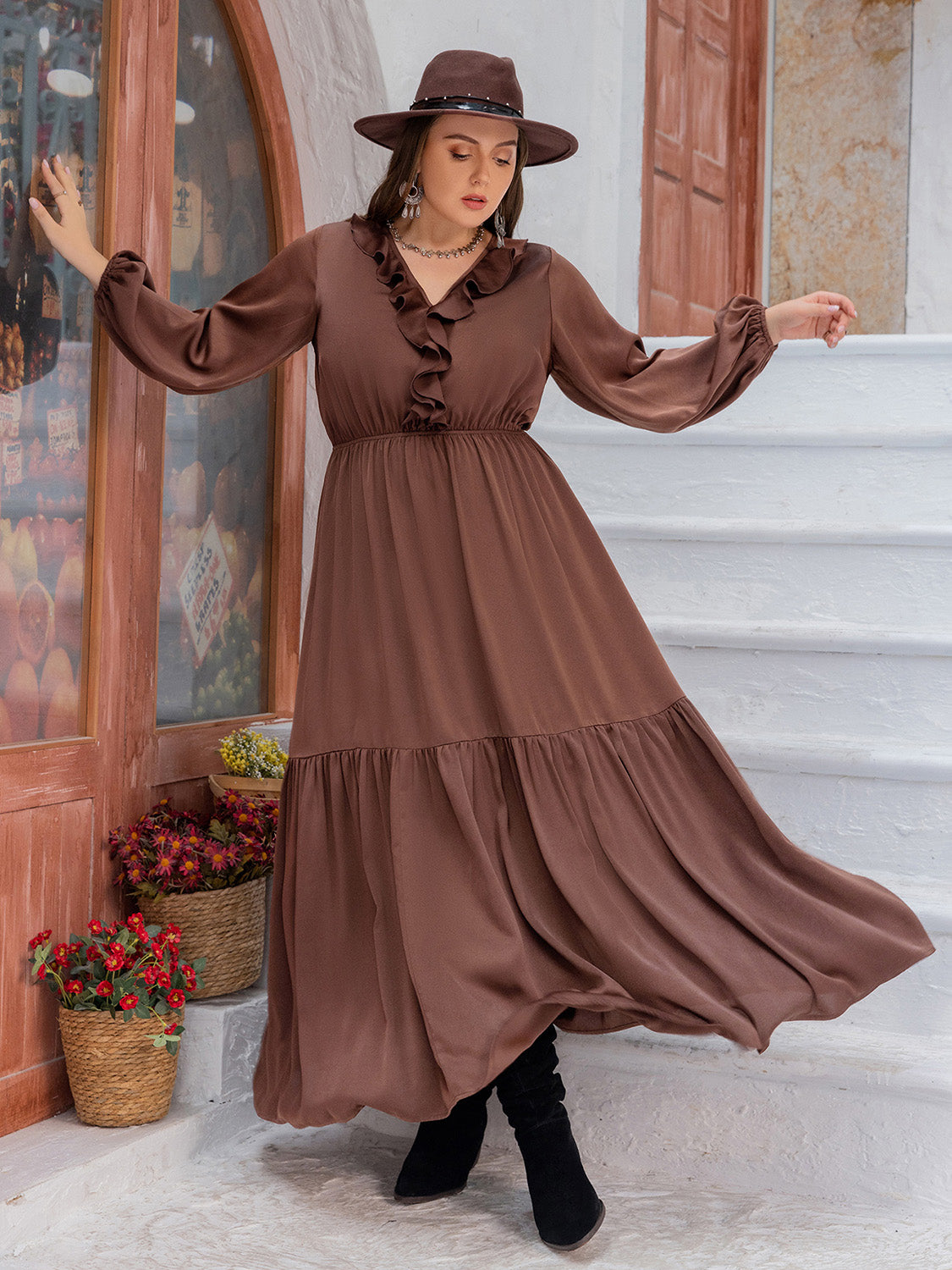 Plus Size V-Neck Ruffle Trim Maxi Dress Brown - Fashorio
