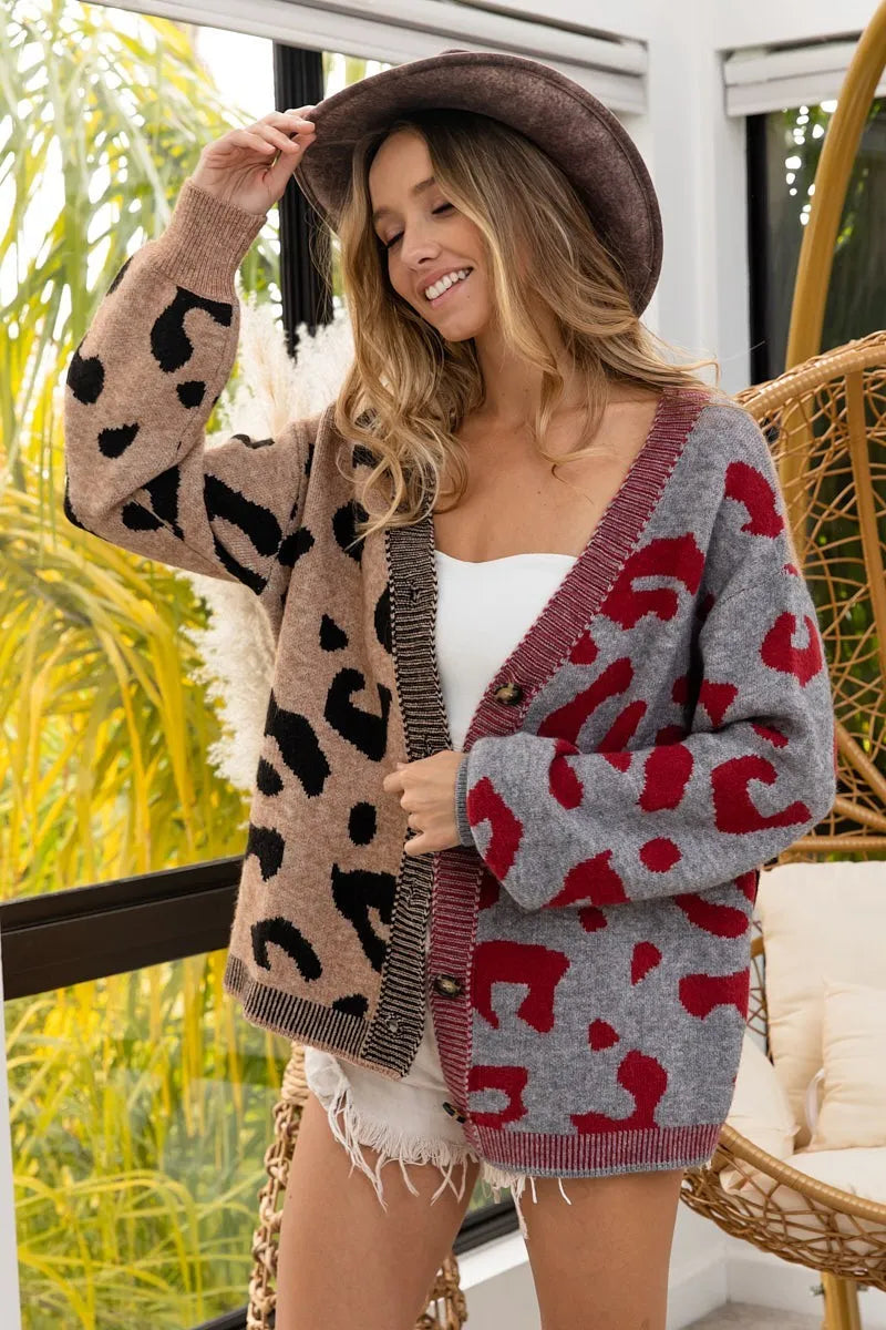 BiBi Leopard Color Block Button Down Sweater Cardigan - Fashorio