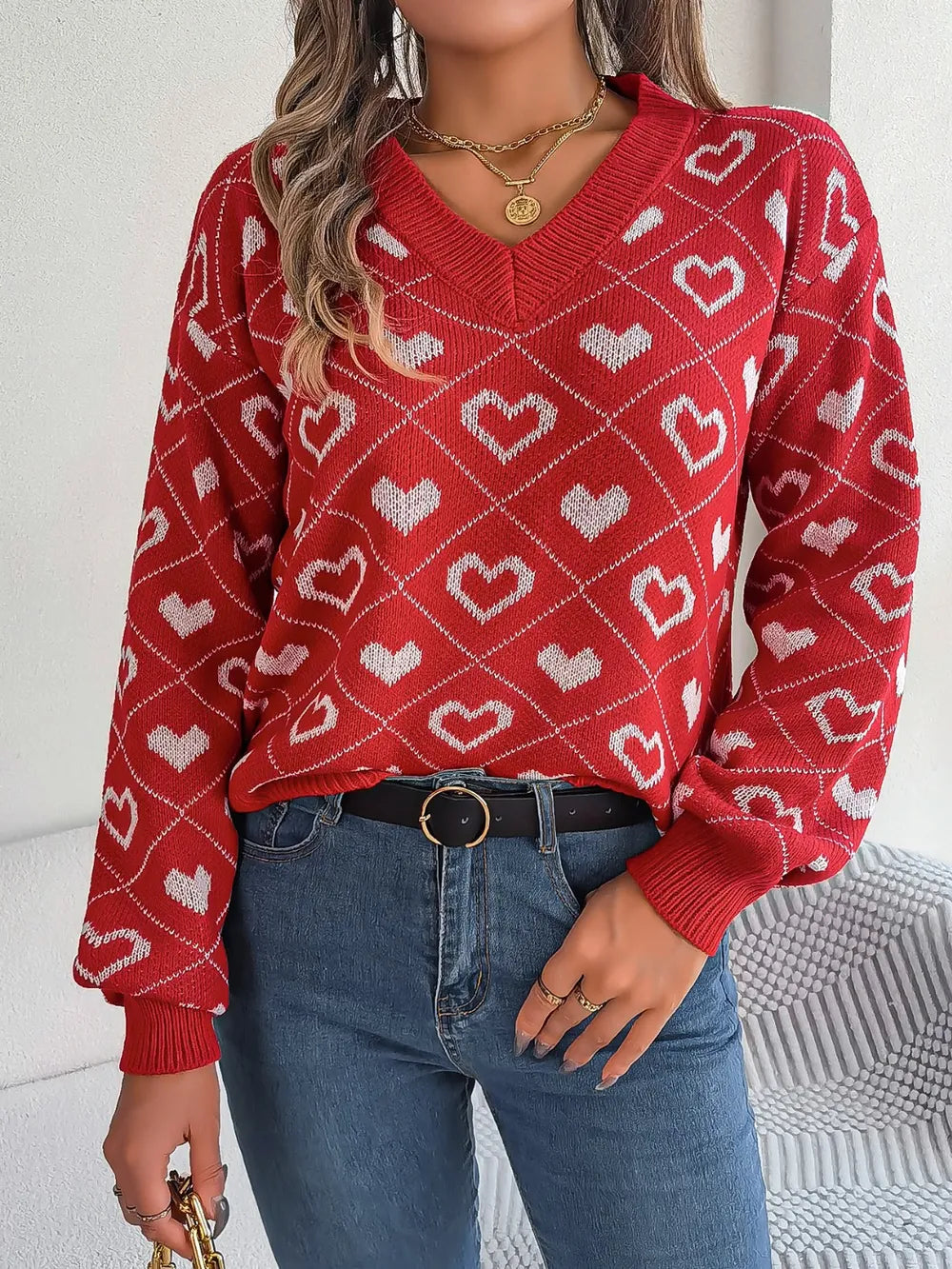 Heart Pattern V-Neck Long Sleeve Sweater Deep Red - Fashorio