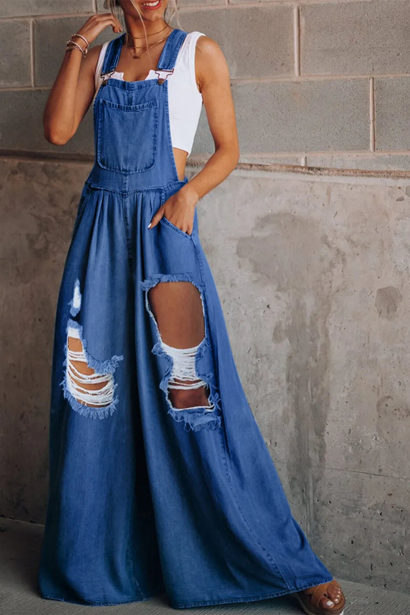 Long distressed wide leg denim overalls front view