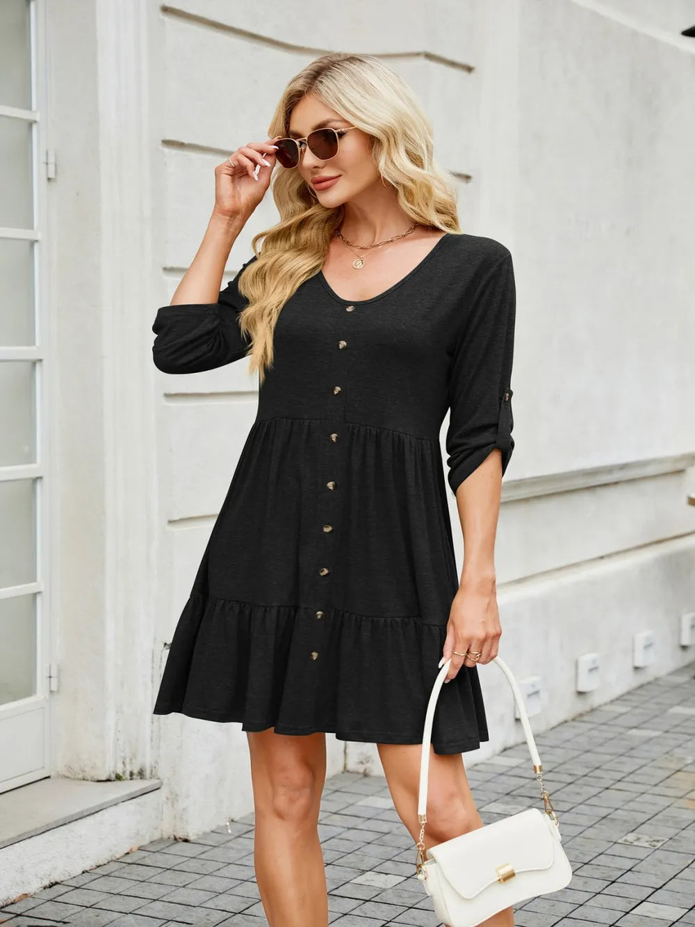 Tiered V-neck mini dress in a second color