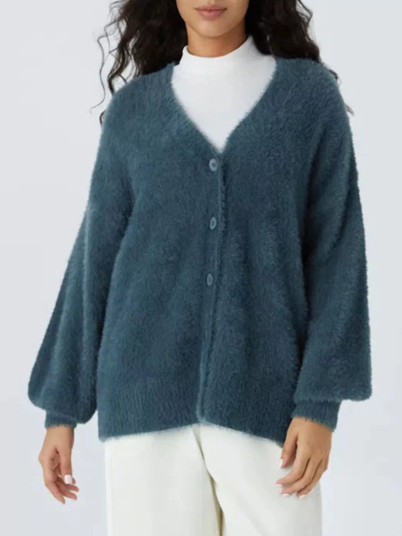 Cozy knit button down cardigan front view