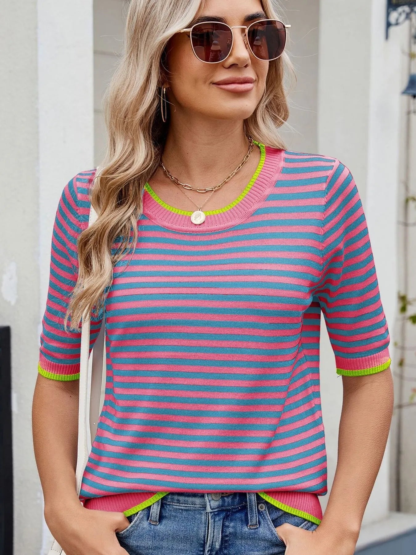 Striped Casual T-Shirt with Contrast Trim Pink Blue - Fashorio