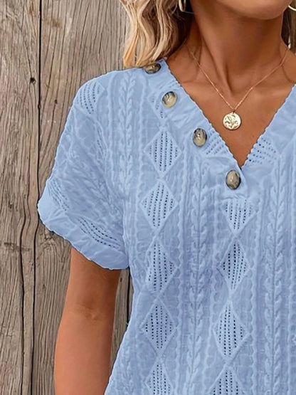 Textured V-Neck Short Sleeve Top - Fashorio
