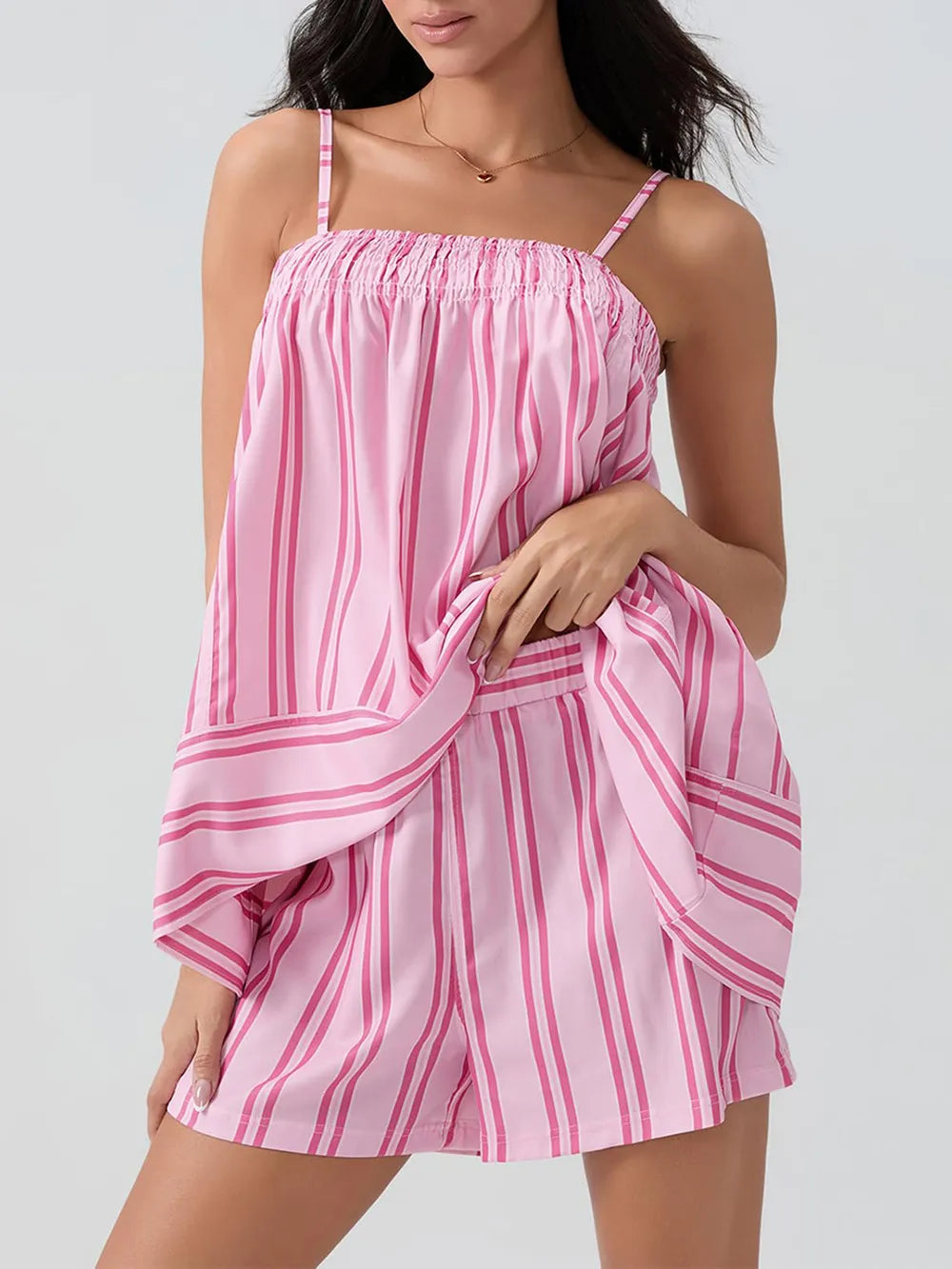 Two piece pink smocked set back view