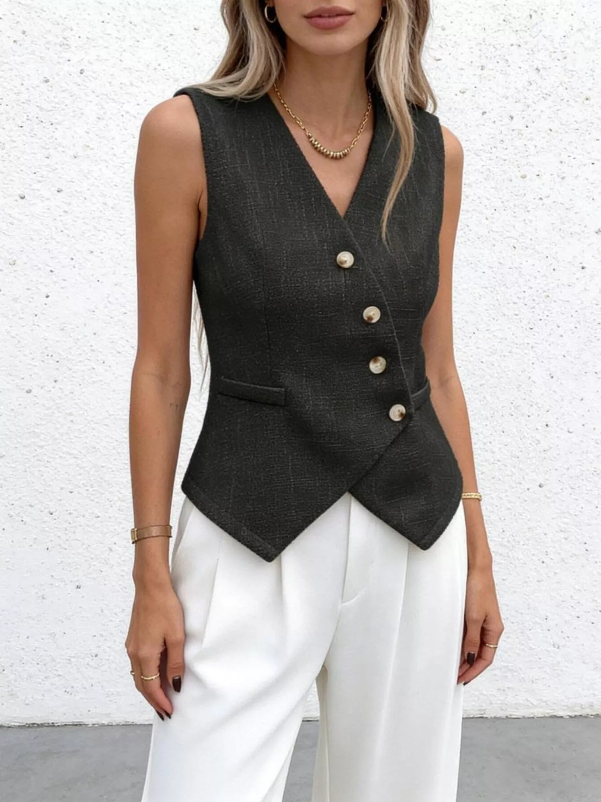 asymmetrical button front vest side view