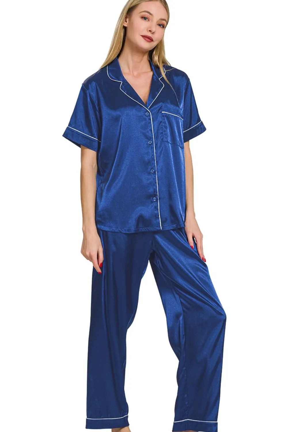 Zenana Satin Short Sleeve Top and Pants Pajama Set - Fashorio
