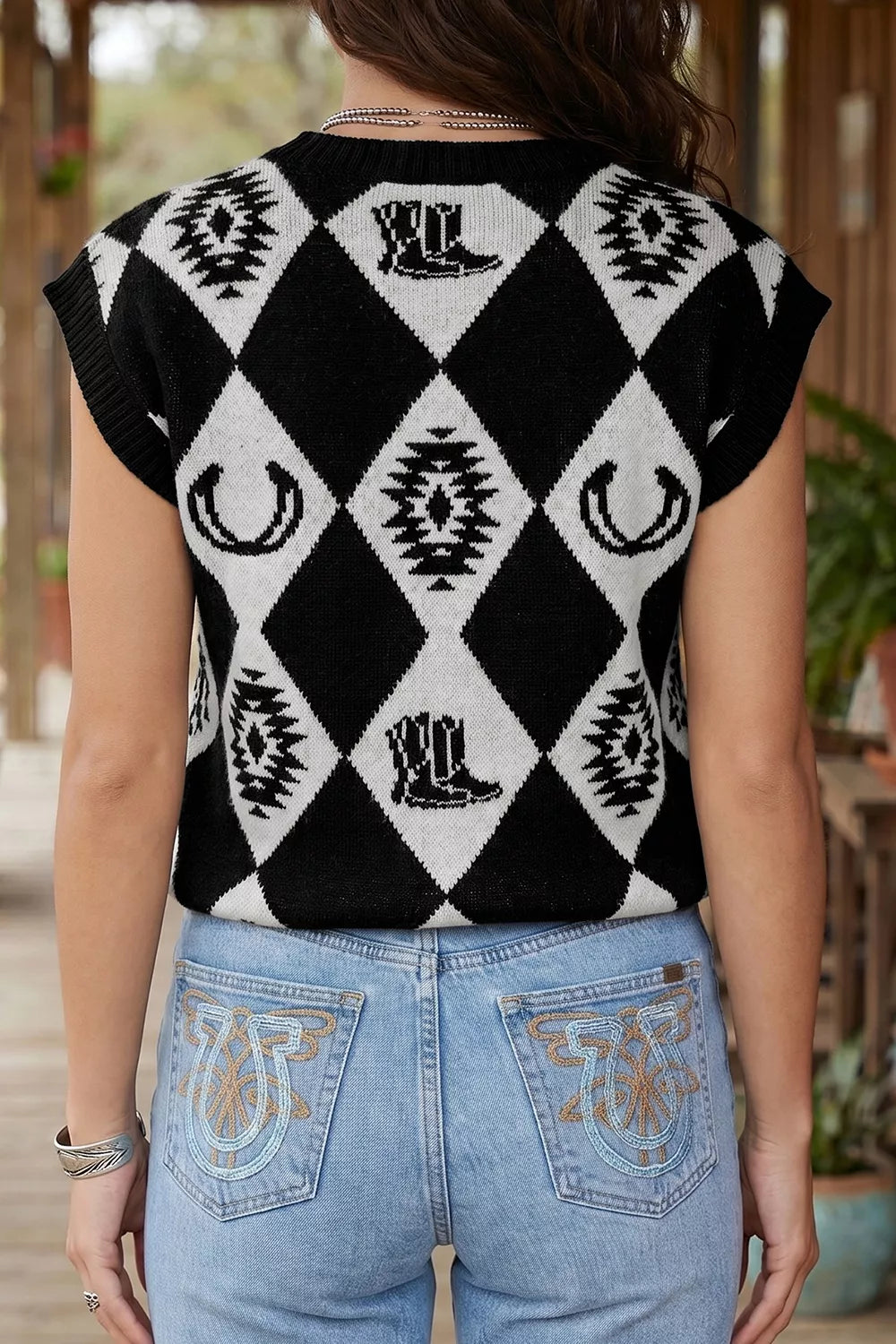 Retro Rhombus Print Drop Shoulder Short Sleeve Sweater back view