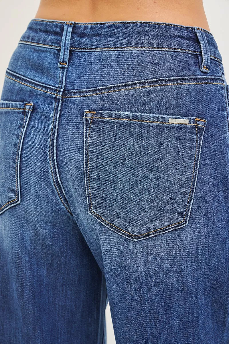 RISEN dark wash baggy jeans fabric drape detail