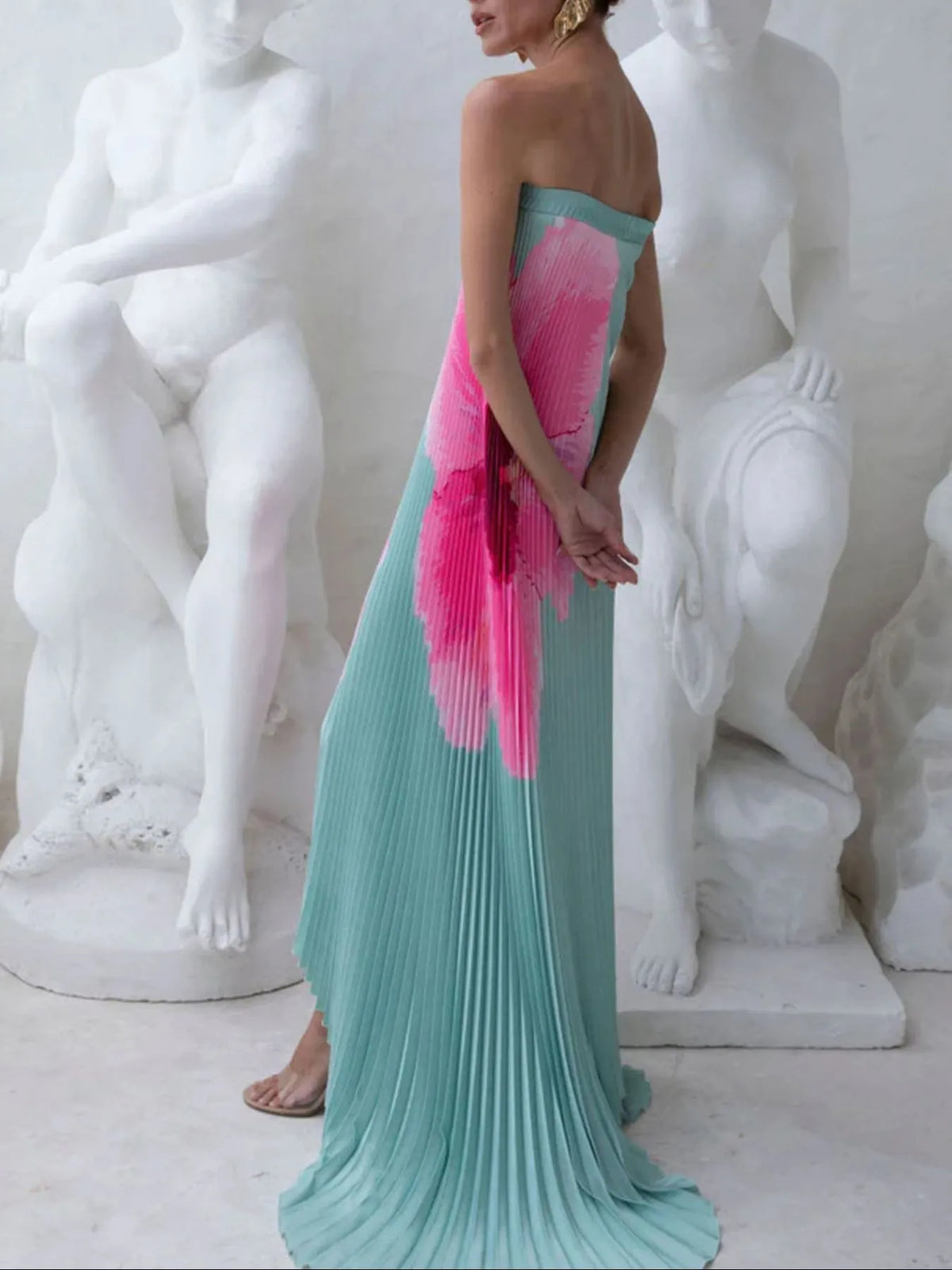Pleated printed strapless tube floor length dress side view