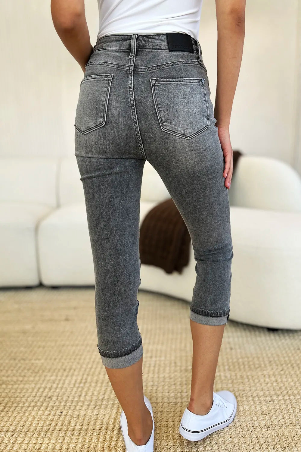 Judy Blue gray capri jeans cuffed hem detail