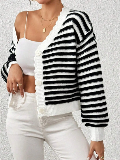 Rainbow Striped Cropped Cardigan with Balloon Sleeves - Fashorio