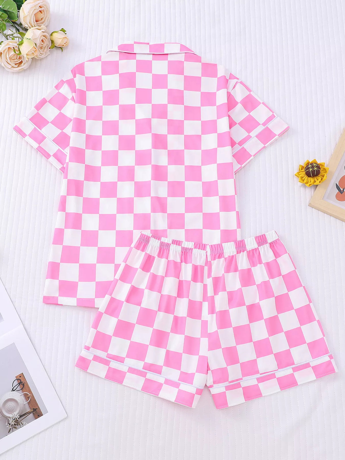 Matching checkered shorts close up