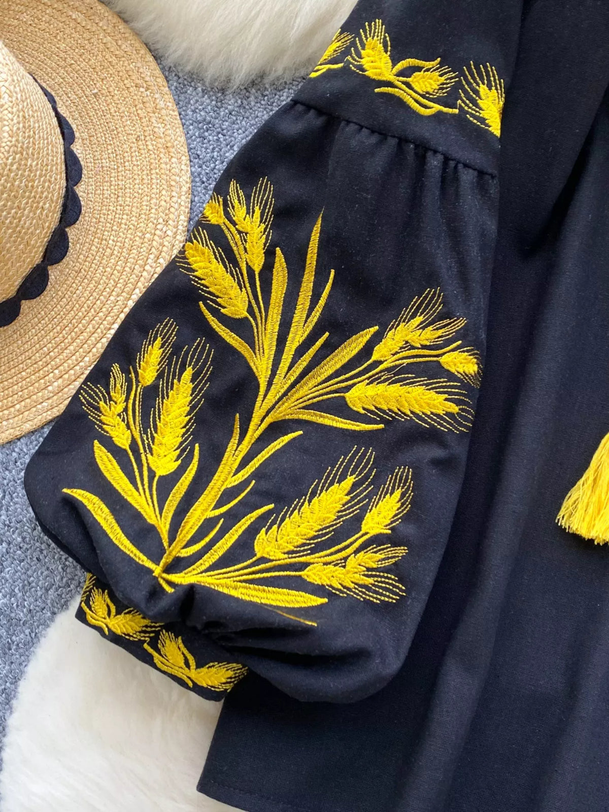 embroidered wheat pattern tie neck blouse close up