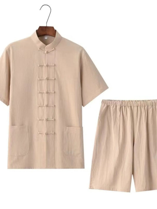 Men's Plus Size Chinese Style Top and Shorts Set Apricot - Fashorio