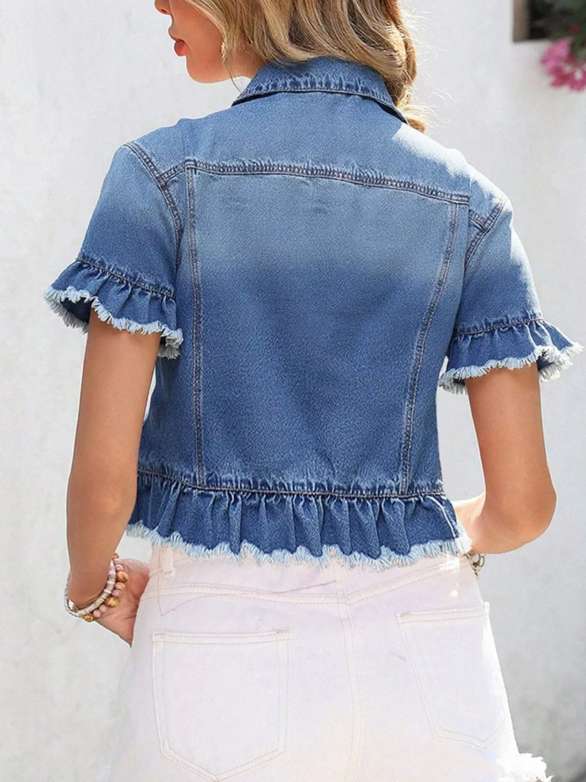 Ruffle Hem Short Sleeve Denim Jacket in Blue styled look
