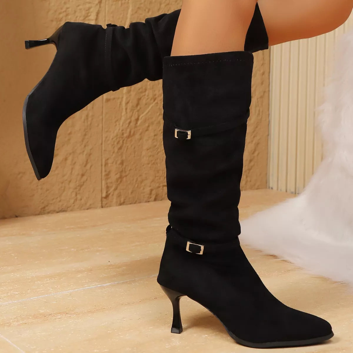 Point toe kitten heel boots back of the shaft