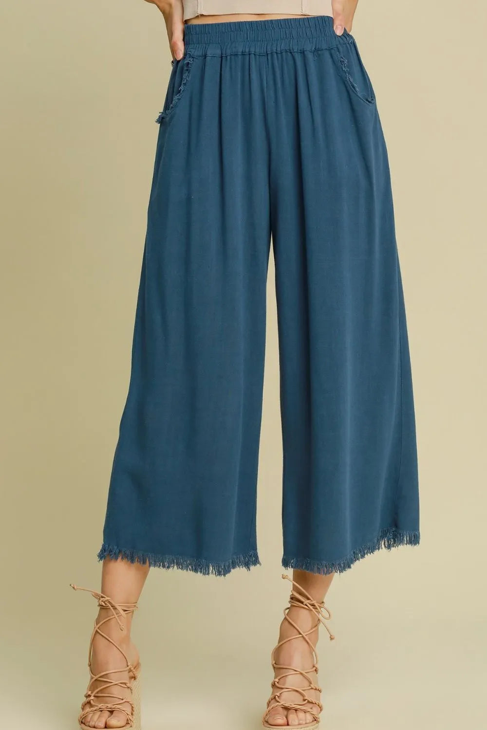 Umgee Full Size Linen Blend Elastic Waistband Wide Leg Pants Plus Size Peacock Blue - Fashorio