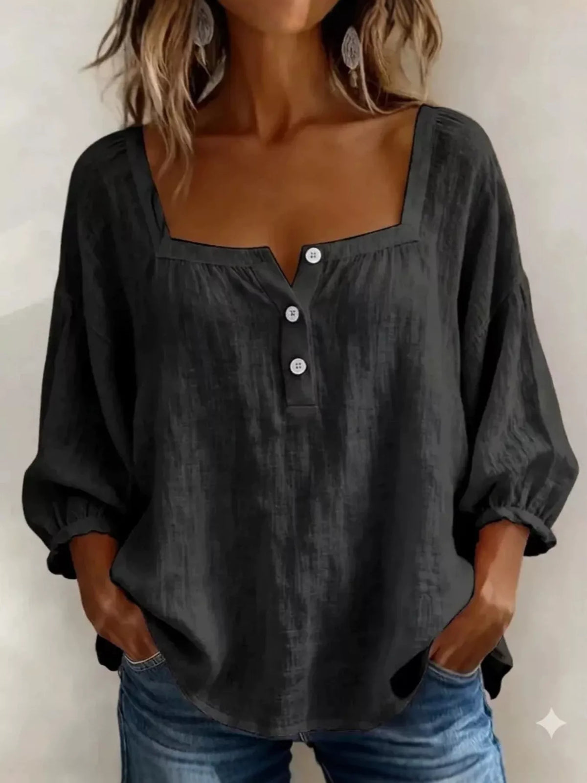 Square neck button detail blouse in black front view