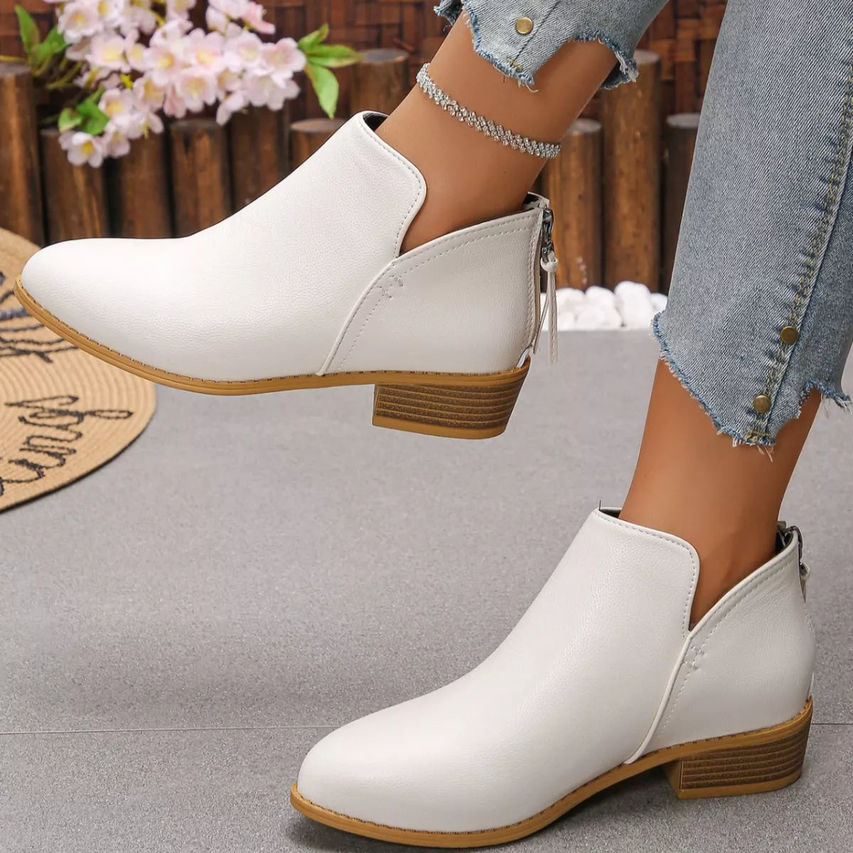 Point toe block heel ankle boots laces detail