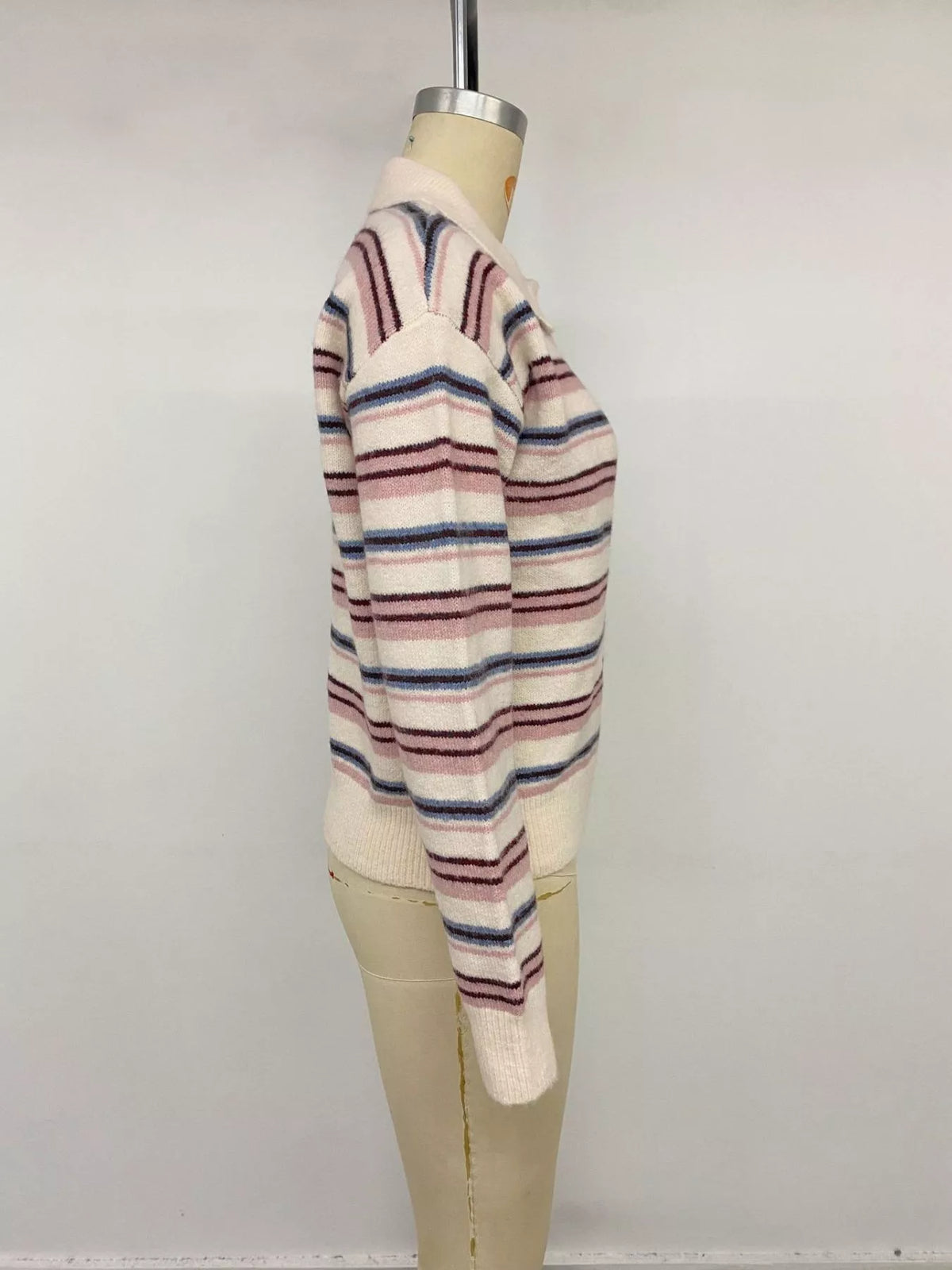 Striped Polo Collar Sweater in Pink view 11