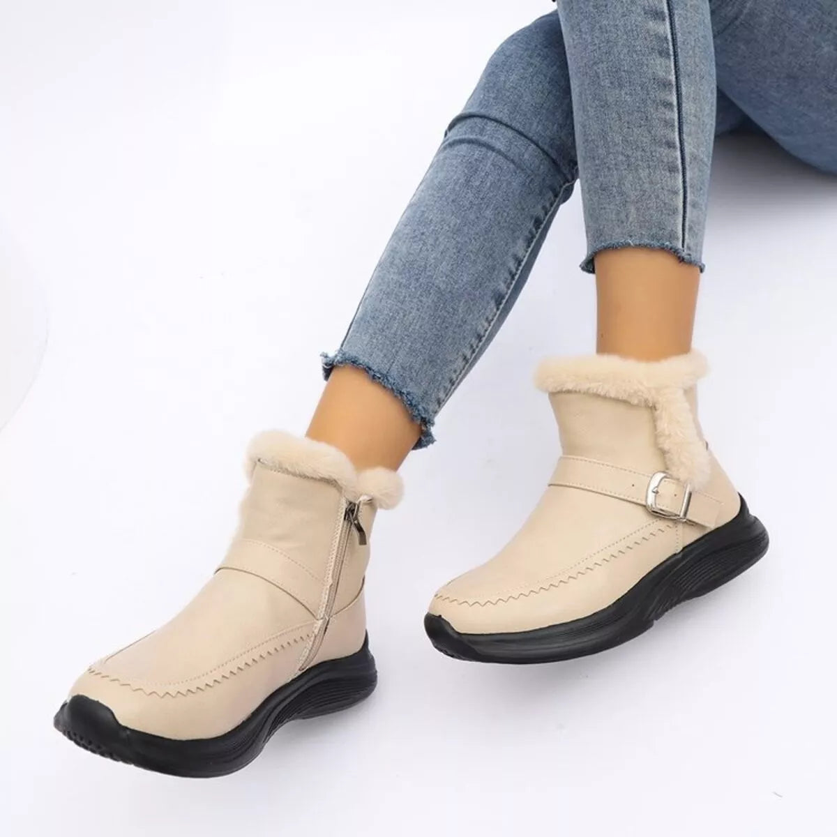 Faux fur buckle ankle boots top down view