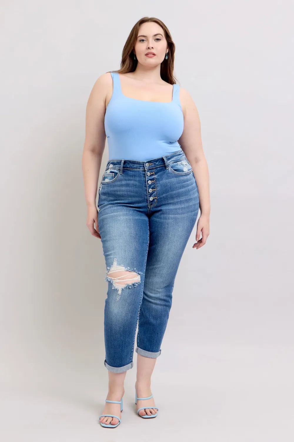 Judy Blue Full Size Button Fly Distressed Jeans with Pockets Plus Size - Fashorio