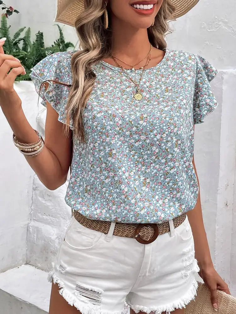 Ditsy floral round neck cap sleeve top front