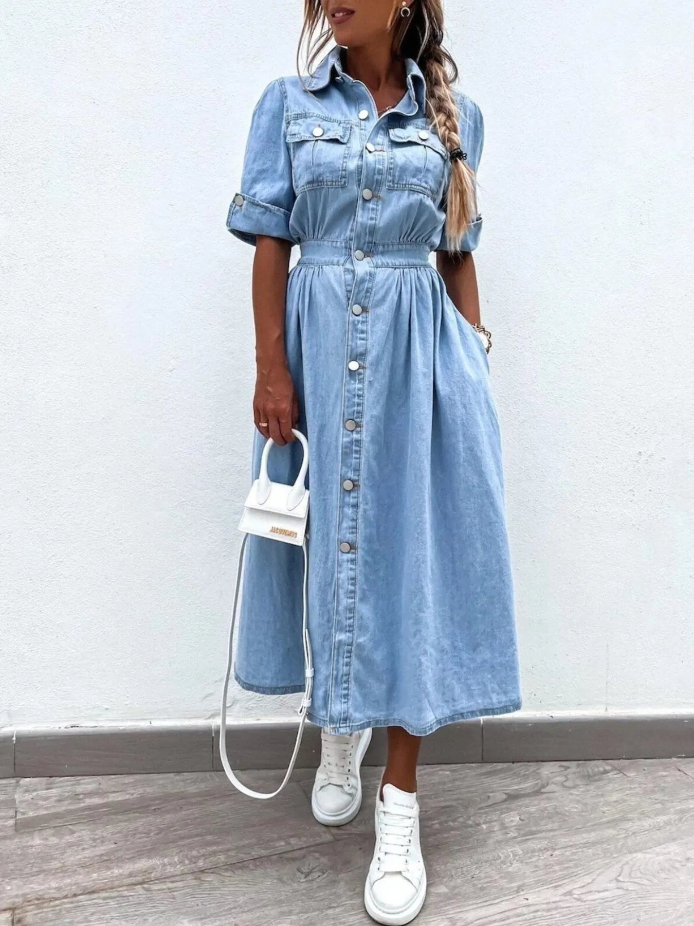 Full Size Button Down Roll-Up Sleeve Denim Shirt Dress Plus Size - Fashorio