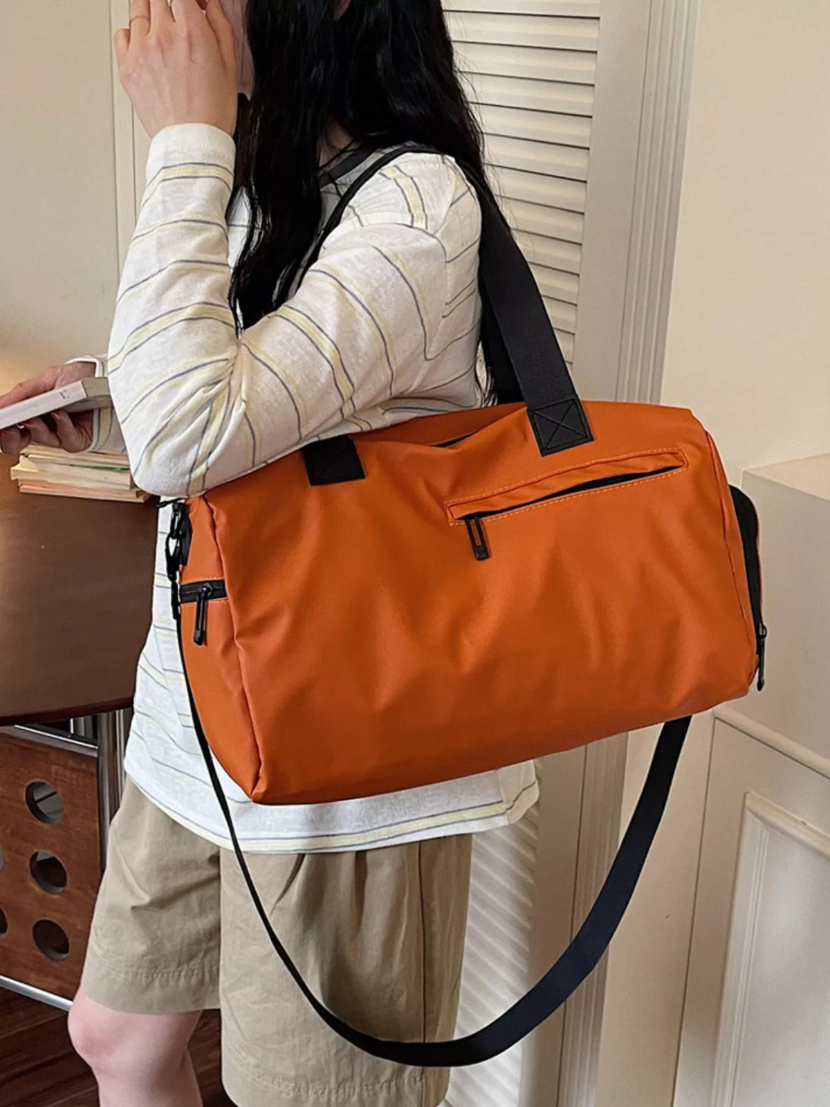 Orange travel duffel interior view