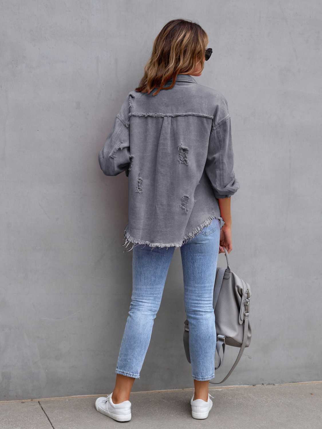 Distressed Drop Shoulder Denim Jacket - Fashorio