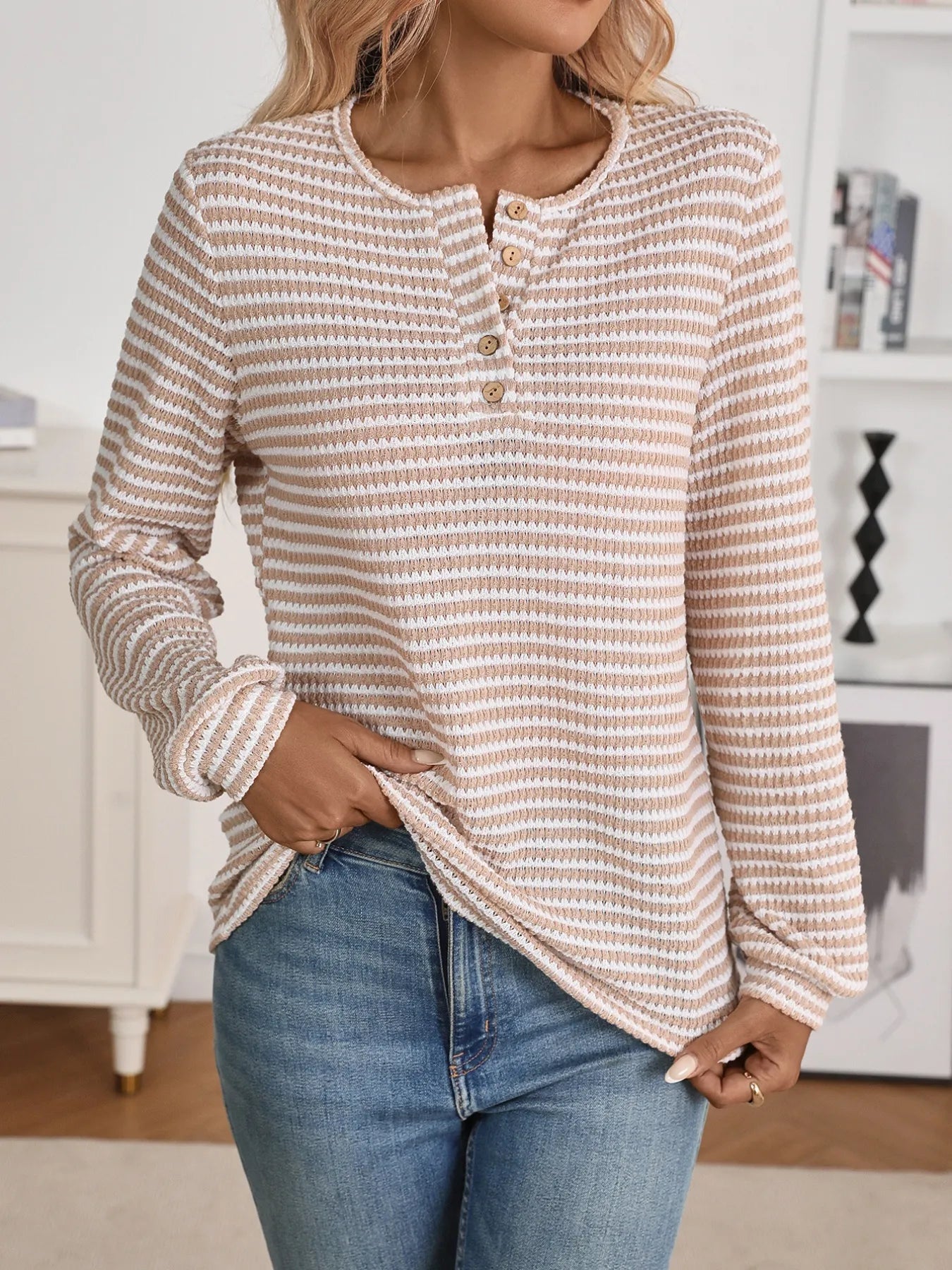 Striped Button Detail Long Sleeve Top - Fashorio