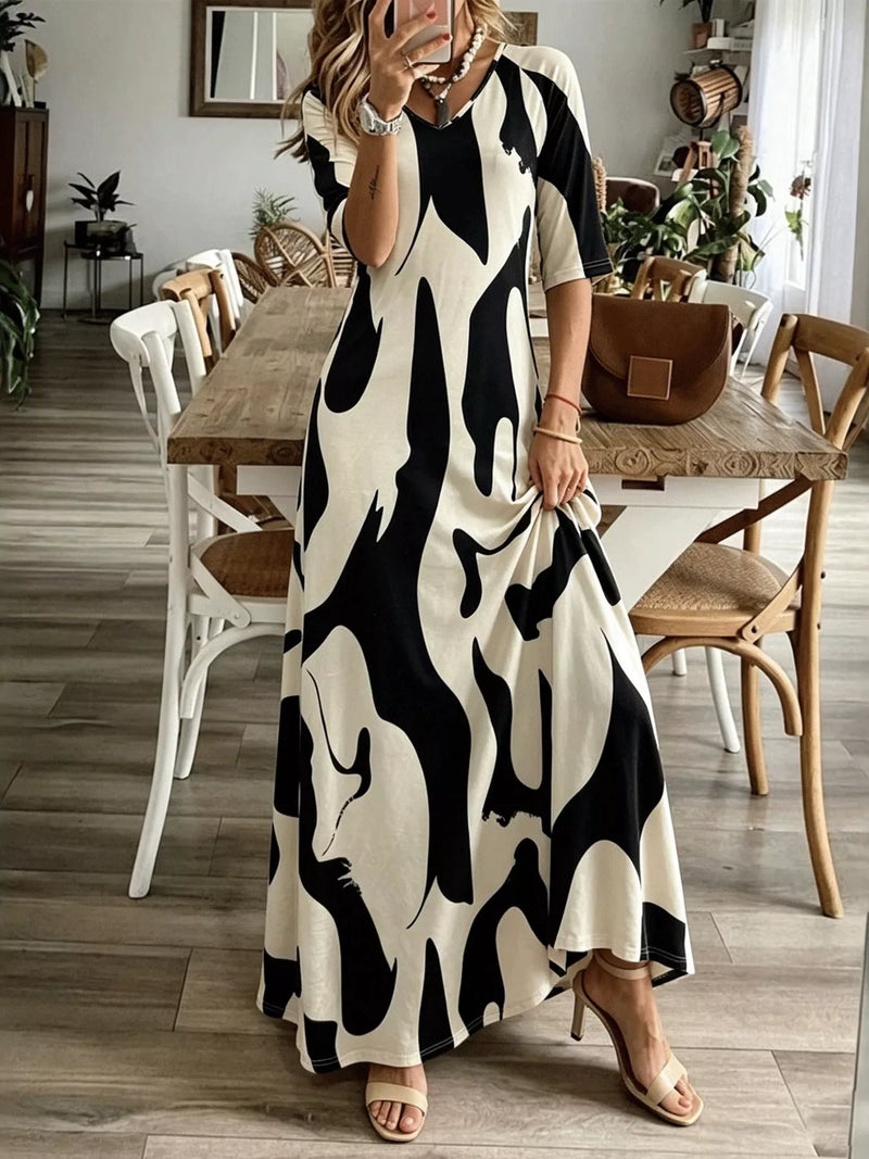 White abstract print casual maxi dress front view