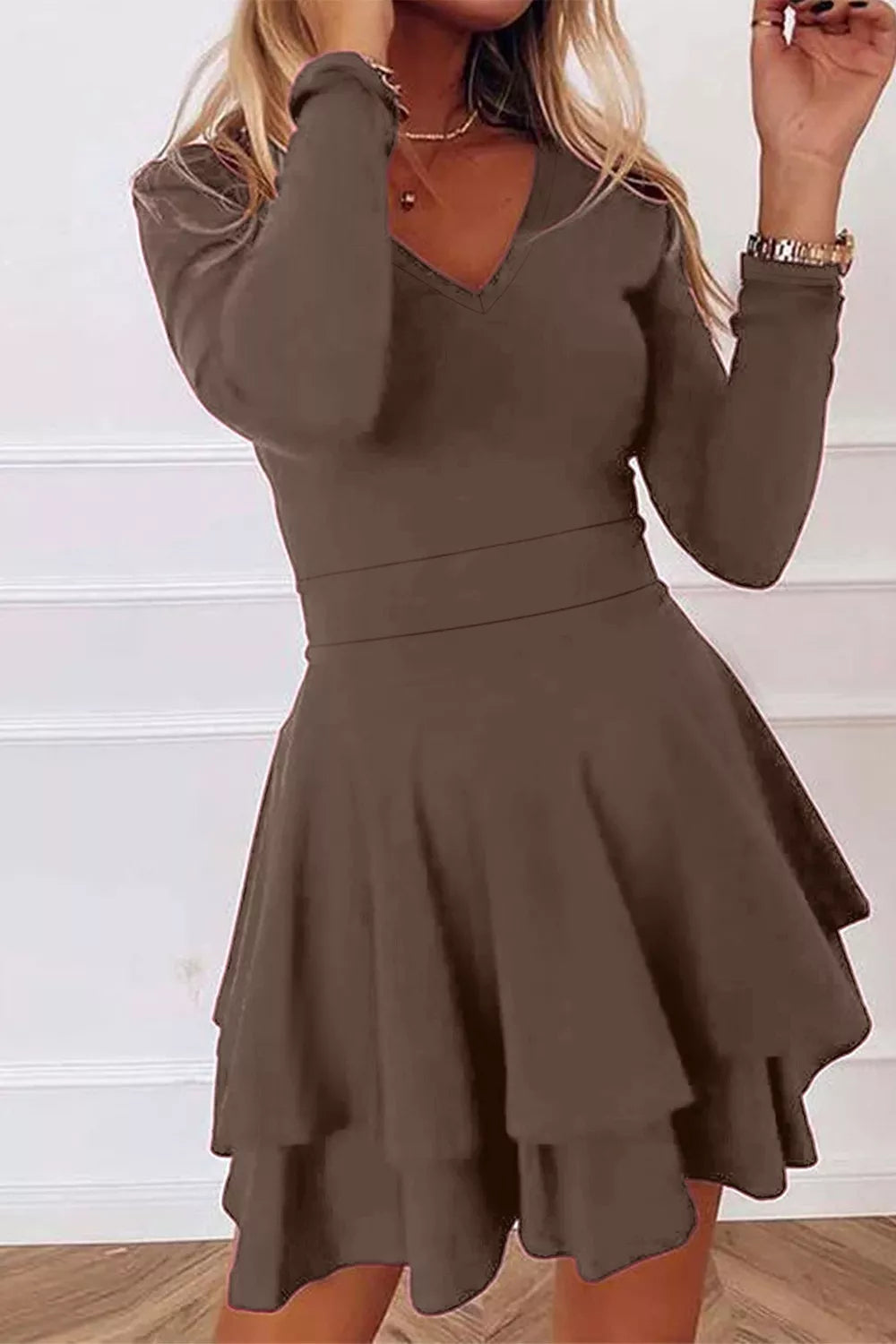V neckline detail on layered mini dress
