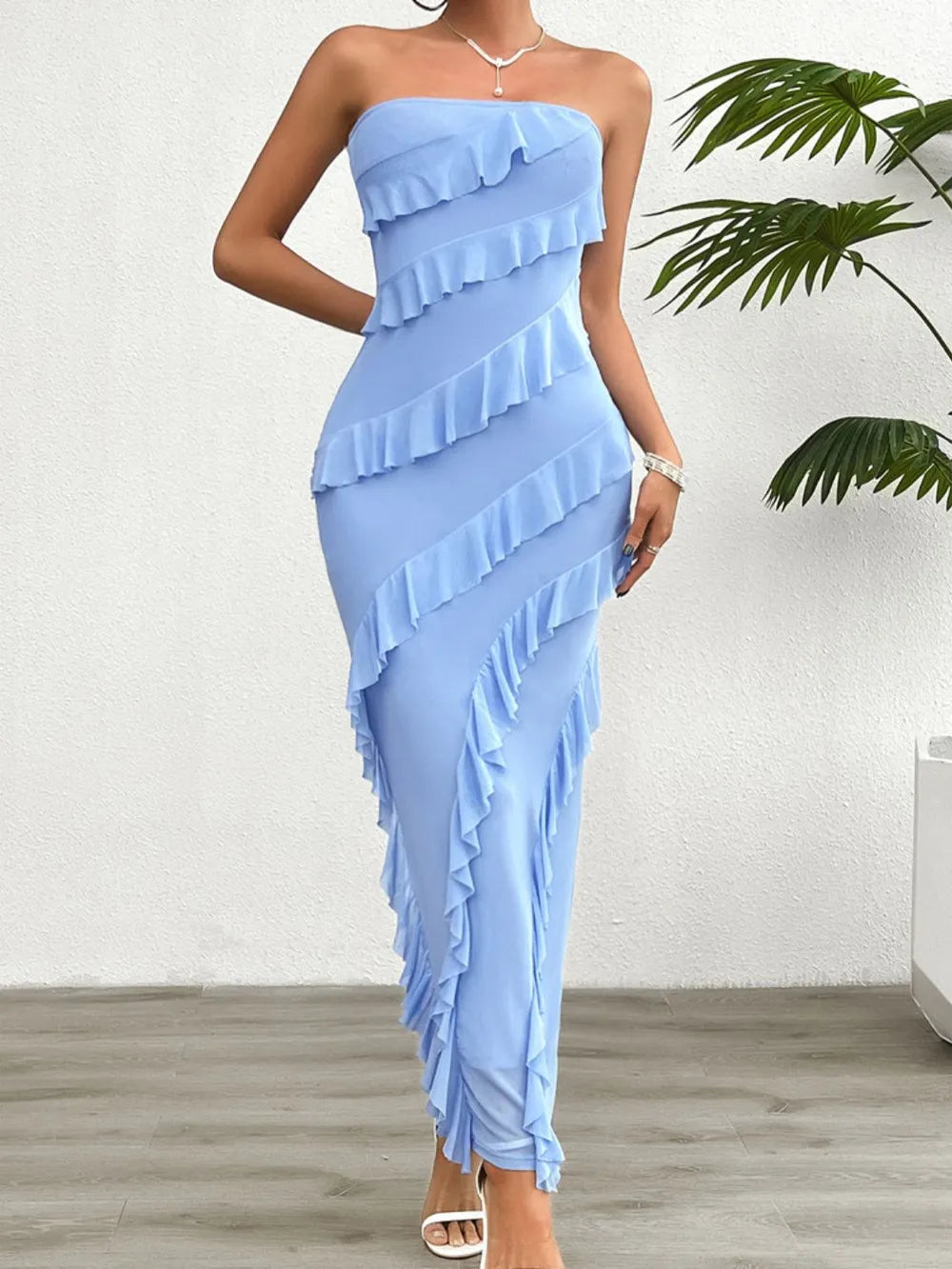 Strapless tube maxi dress with ruffled back slit, waist detail