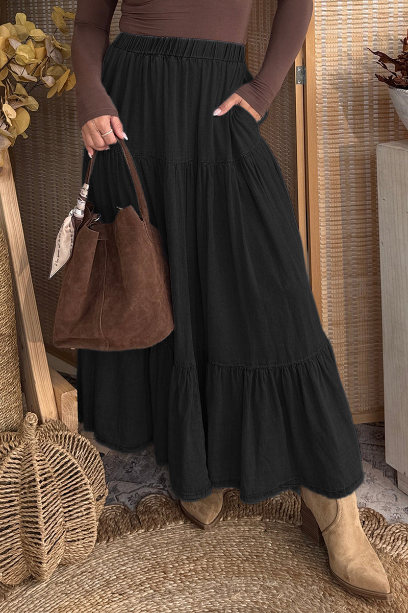 Black ruffled tiered denim maxi skirt front view