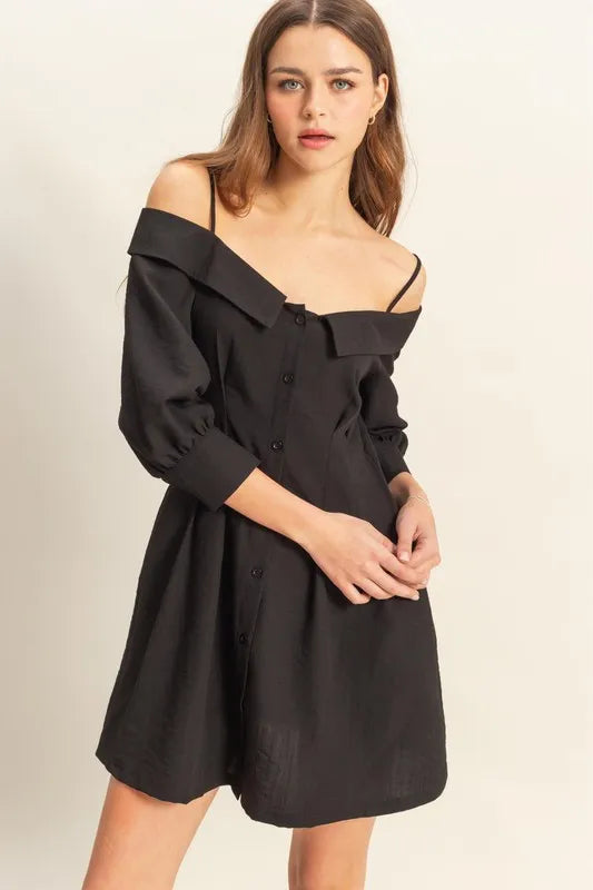 Button Down Spaghetti Strap Mini Dress in Black
