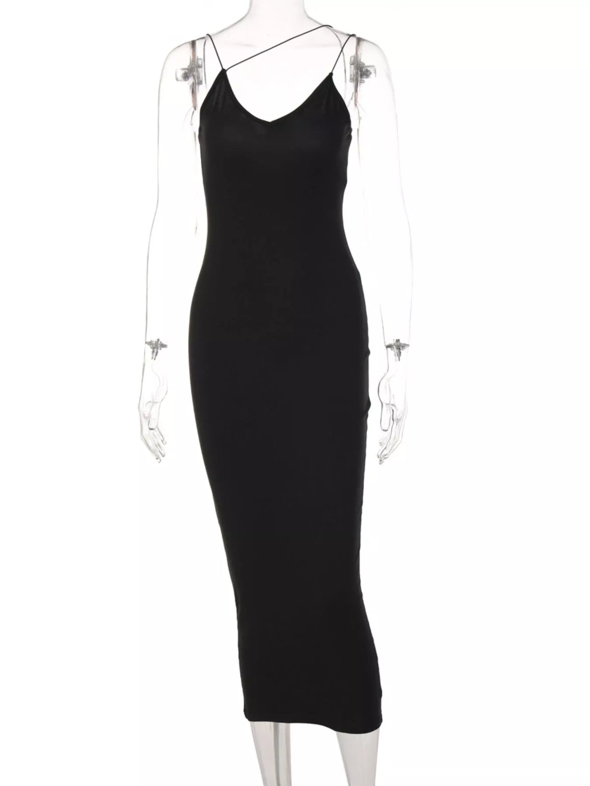 Black midi slip dress shown full length on model