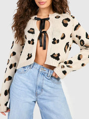 Tied Leopard Round Neck Cardigan Leopard One Size - Fashorio