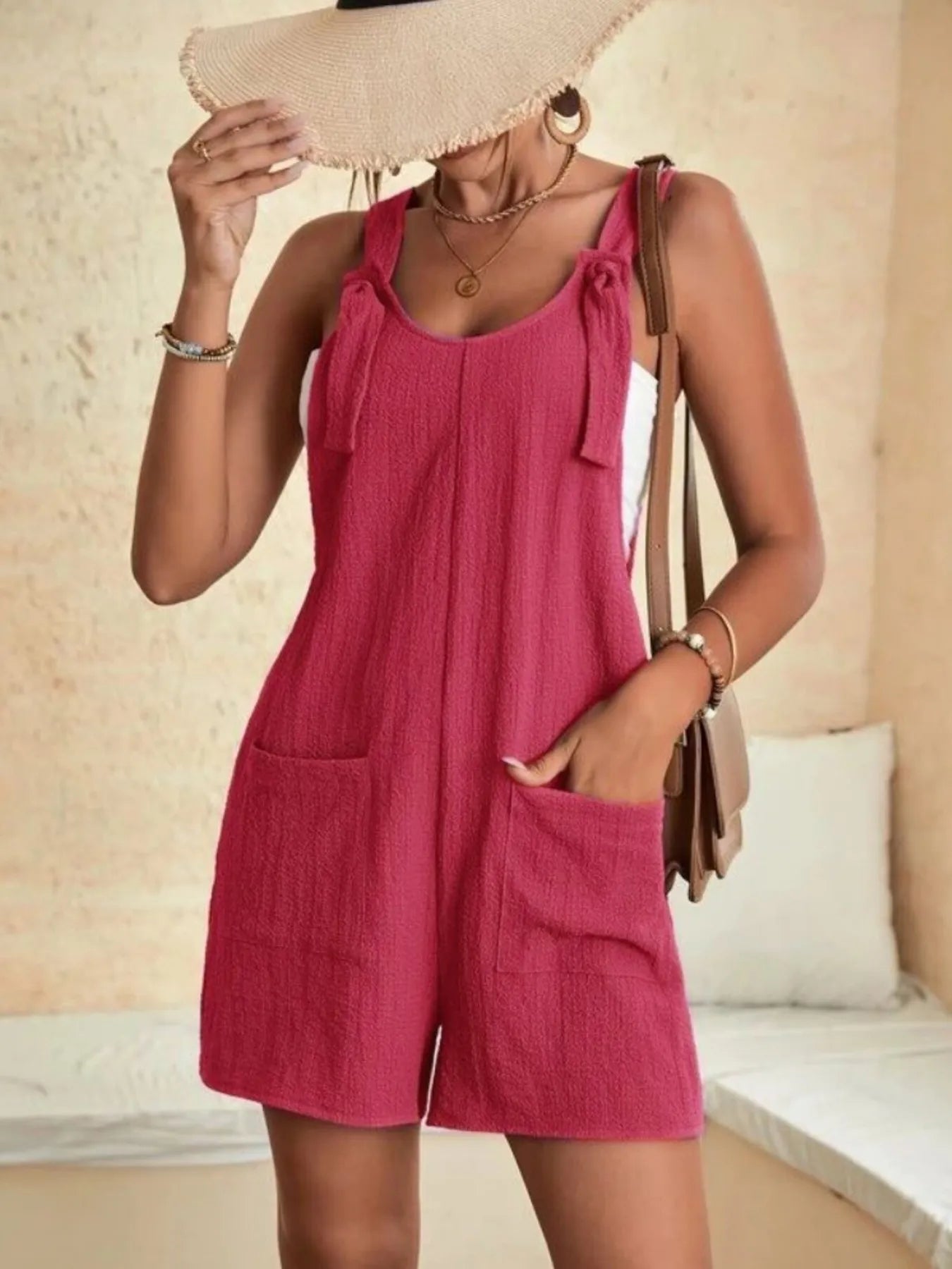 Full Size Knot Strap Romper with Pockets Plus Size - Fashorio