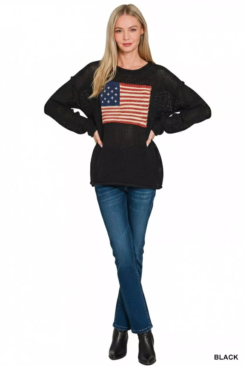 American Flag Print Crew Neck Sweater in Black back view