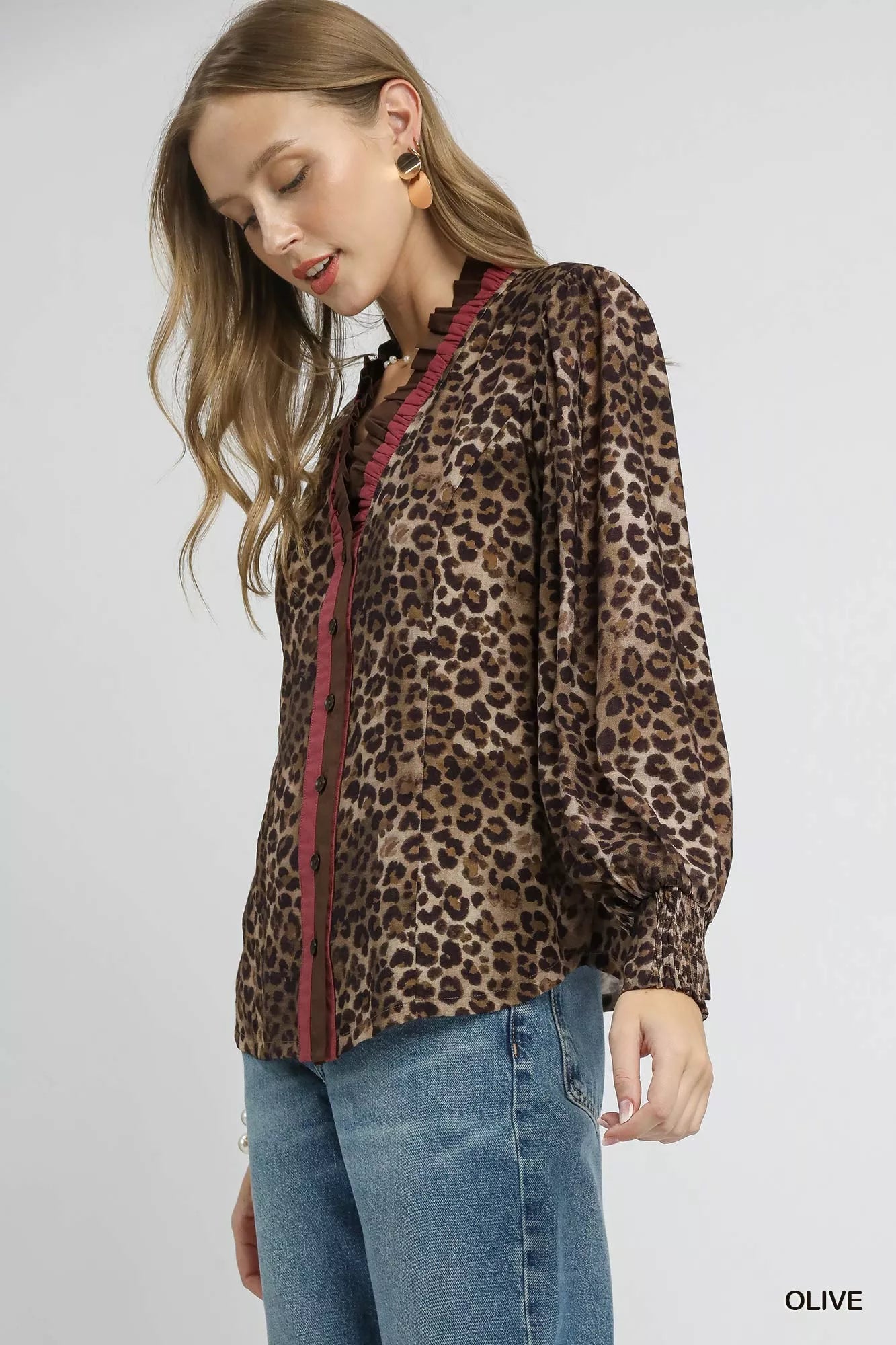Umgee Ruffle Trim Leopard Print Shirt - Fashorio